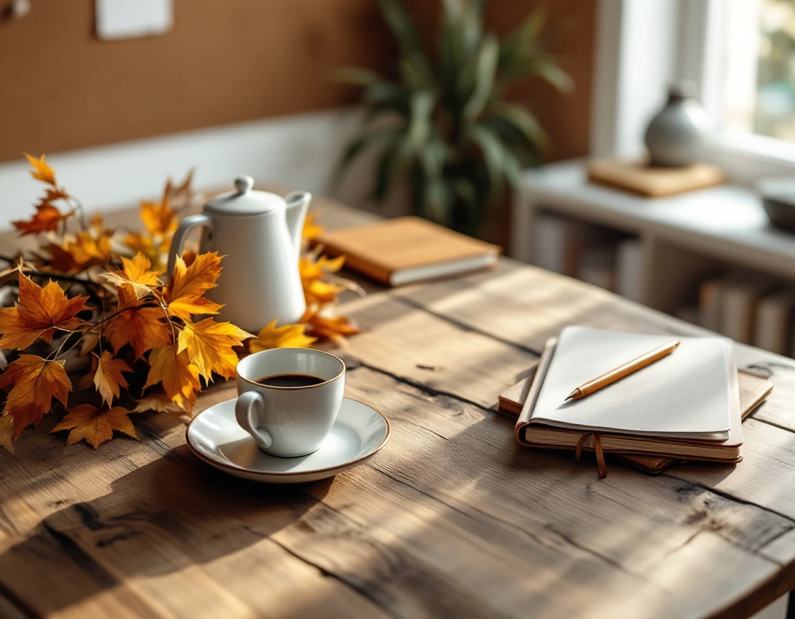 Autumn workspace with coffee service and planning materials on wooden desk in natural afternoon light