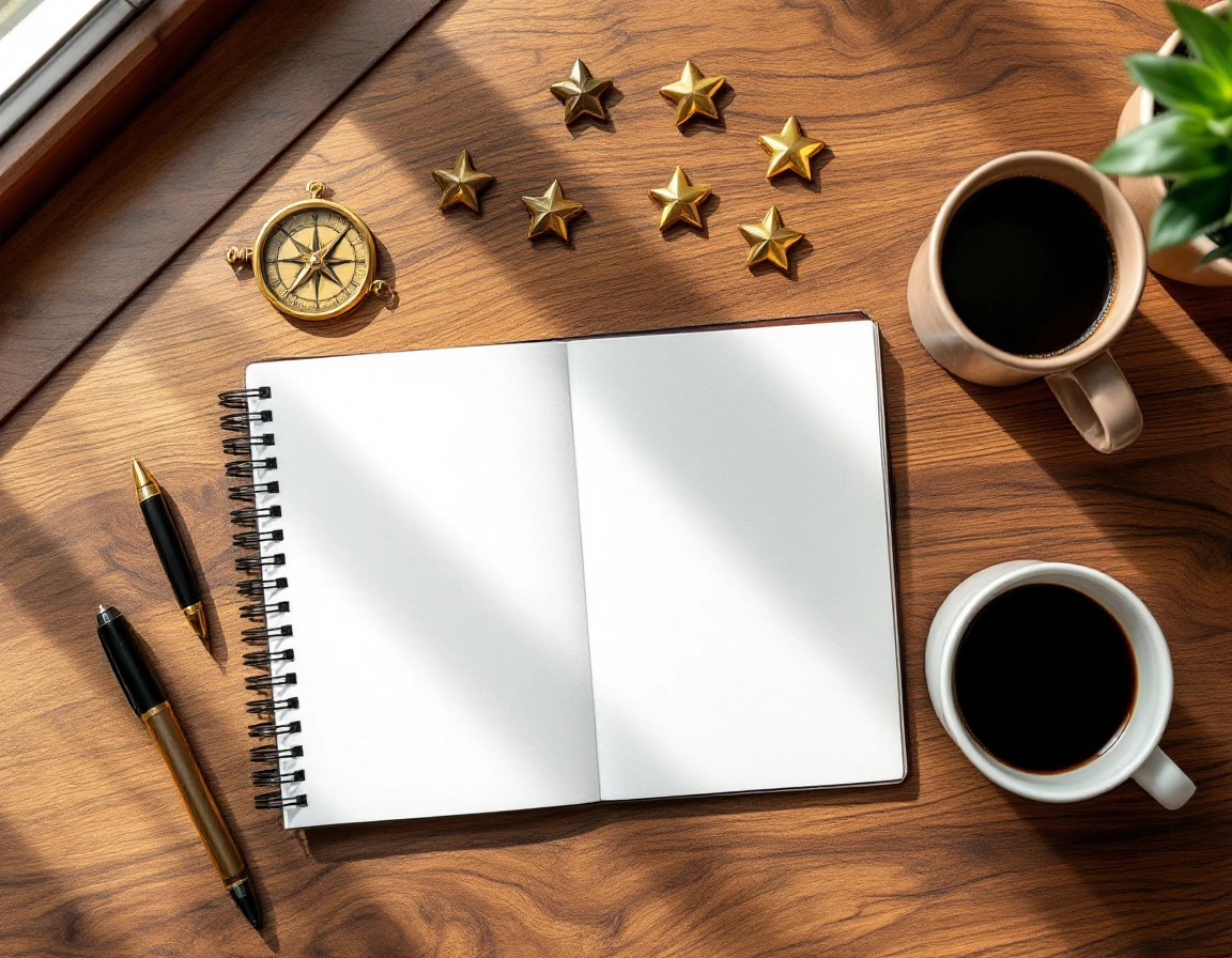 Blank notebook with compass, coffee, and gold stars arranged on wooden desk for Q4 planning session