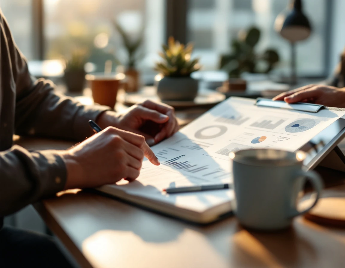 Two colleagues collaborating over documents and notes at an office desk with coffee and natural lighting