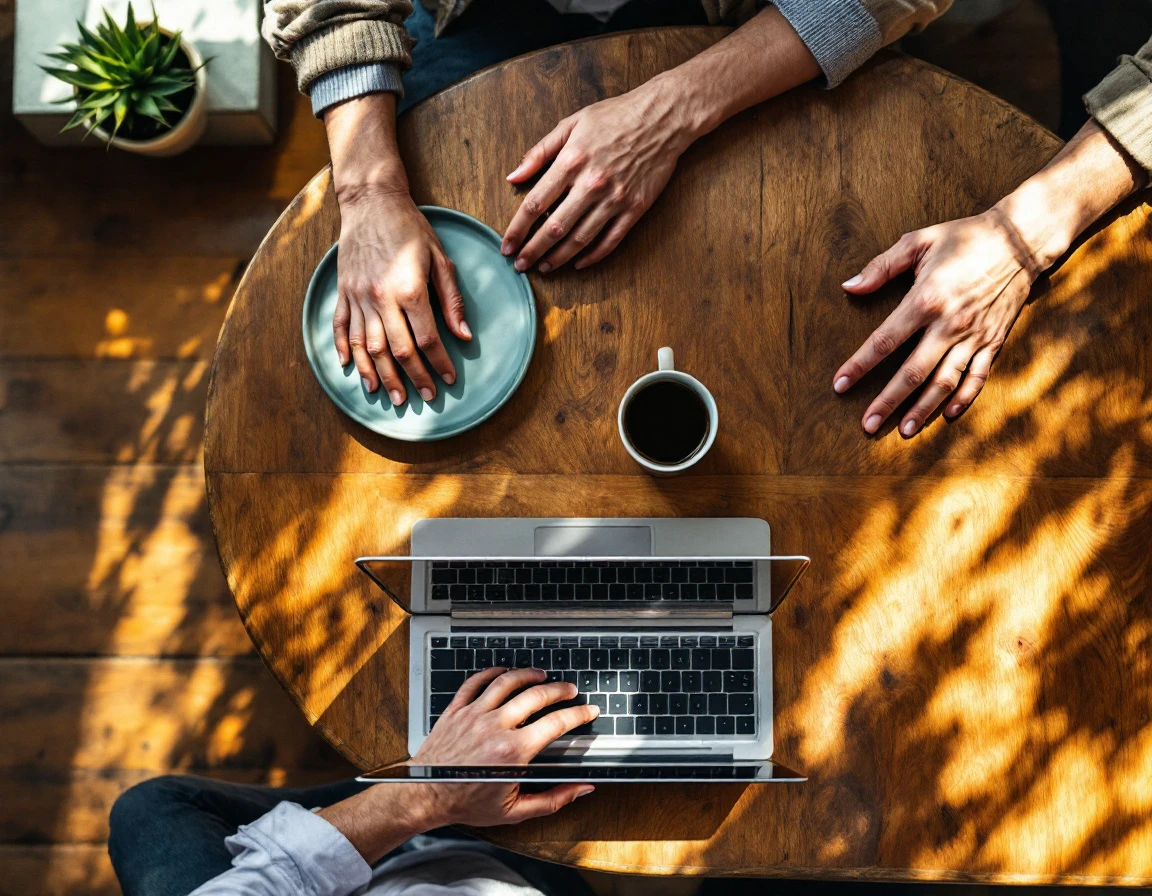 Overhead view of two colleagues working together at wooden table with laptops and coffee