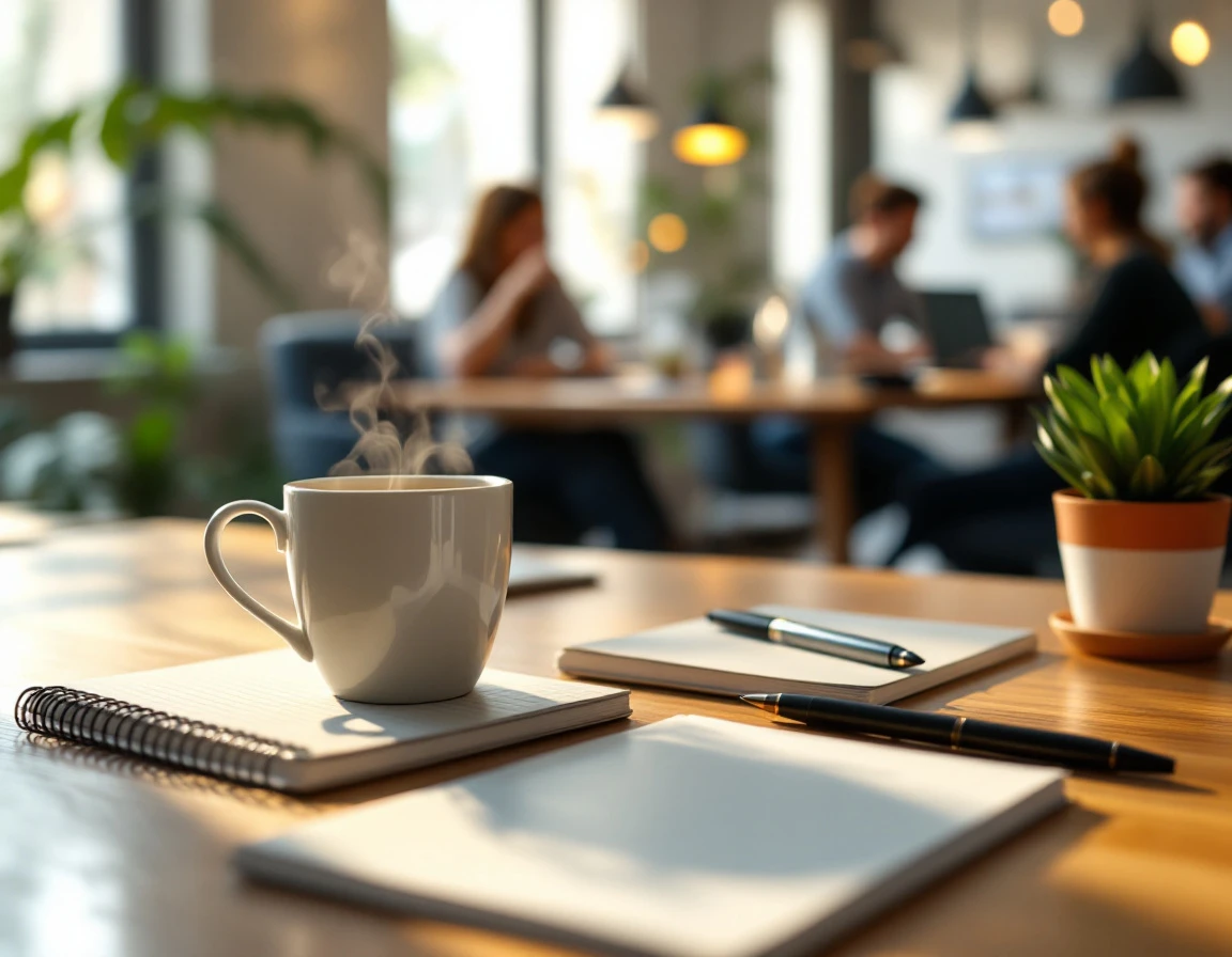 Welcome desk setup with coffee, notebook, and office supplies prepared for new employee's first day