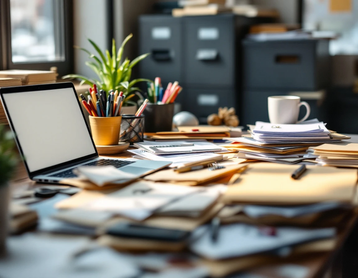 Cluttered office desk with folders and papers showing manual leave tracking challenges