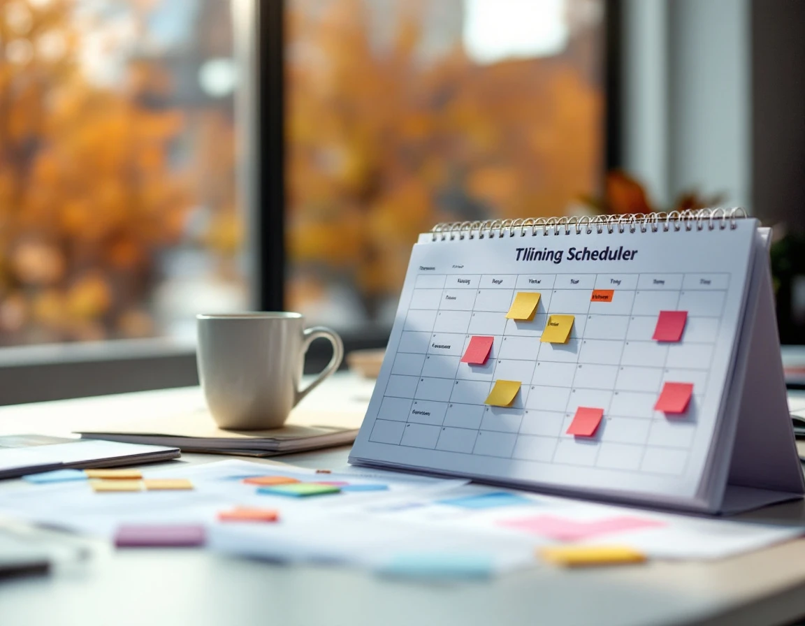Office desk with time-off scheduling materials and autumn view through window in Illinois workplace