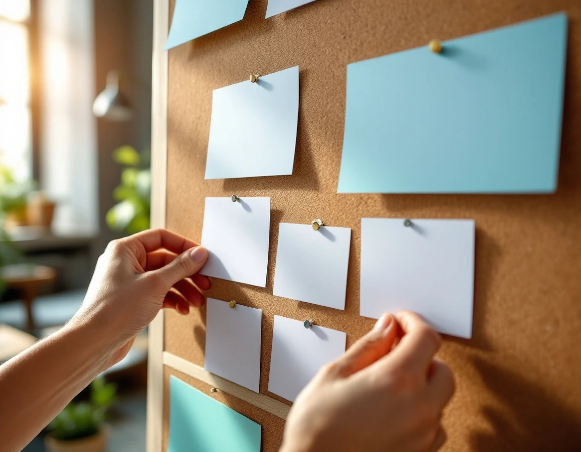 Hands arranging blank task cards on wooden planning board with natural window lighting