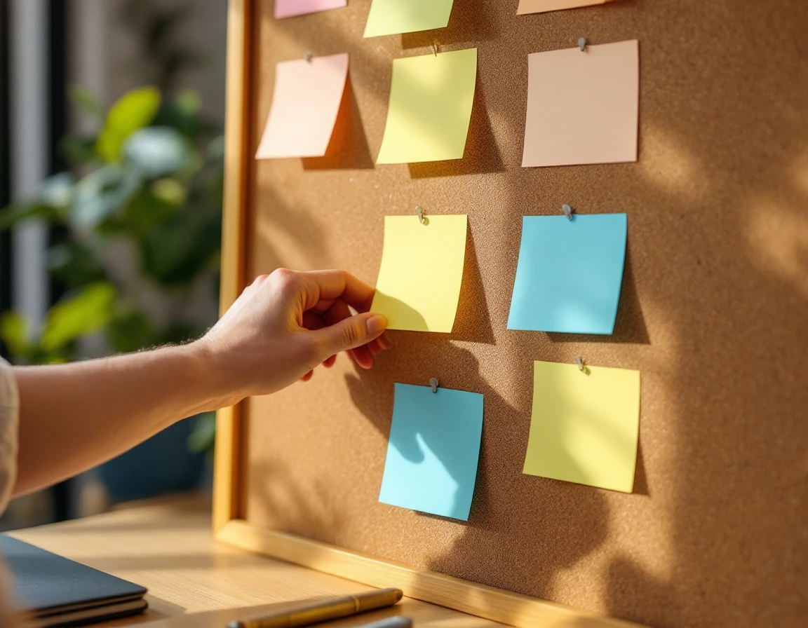 Hand placing blank sticky notes on task board in workplace environment showing scheduling flexibility