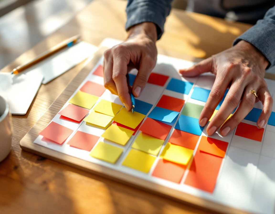 Manager's hands arranging colorful shift cards on wooden scheduling board with morning light