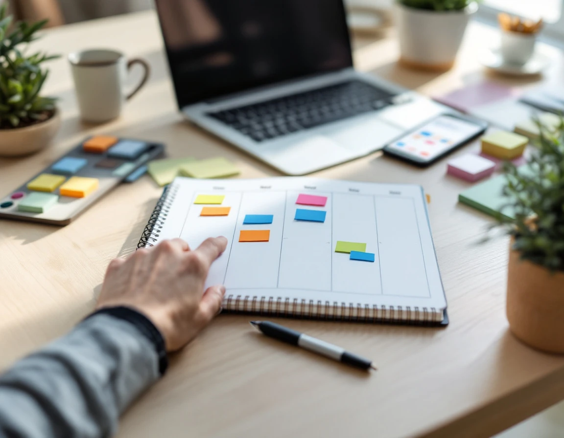Organized desk workspace with scheduling planner and color-coded calendar blocks for hybrid work planning