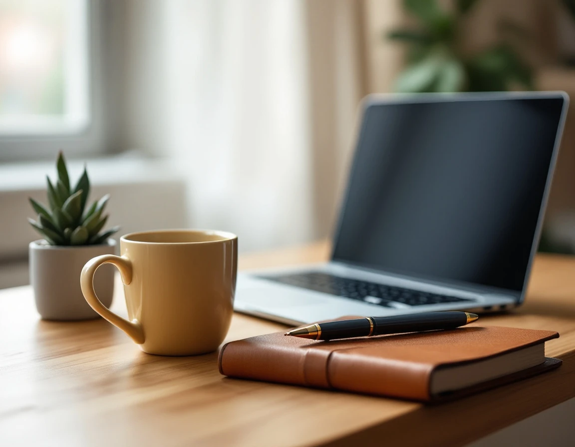 Clean desk workspace with closed laptop, coffee mug, notebook, and succulent plant in natural lighting