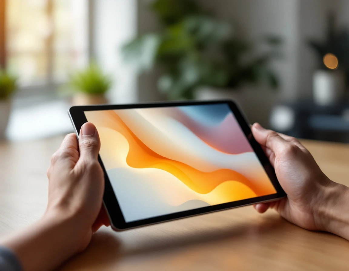 Employee using tablet for mobile learning at workplace desk with natural lighting