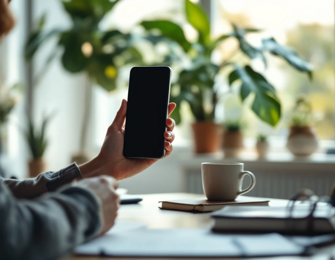 Professional reviewing mobile device at office desk with natural window lighting and indoor plants