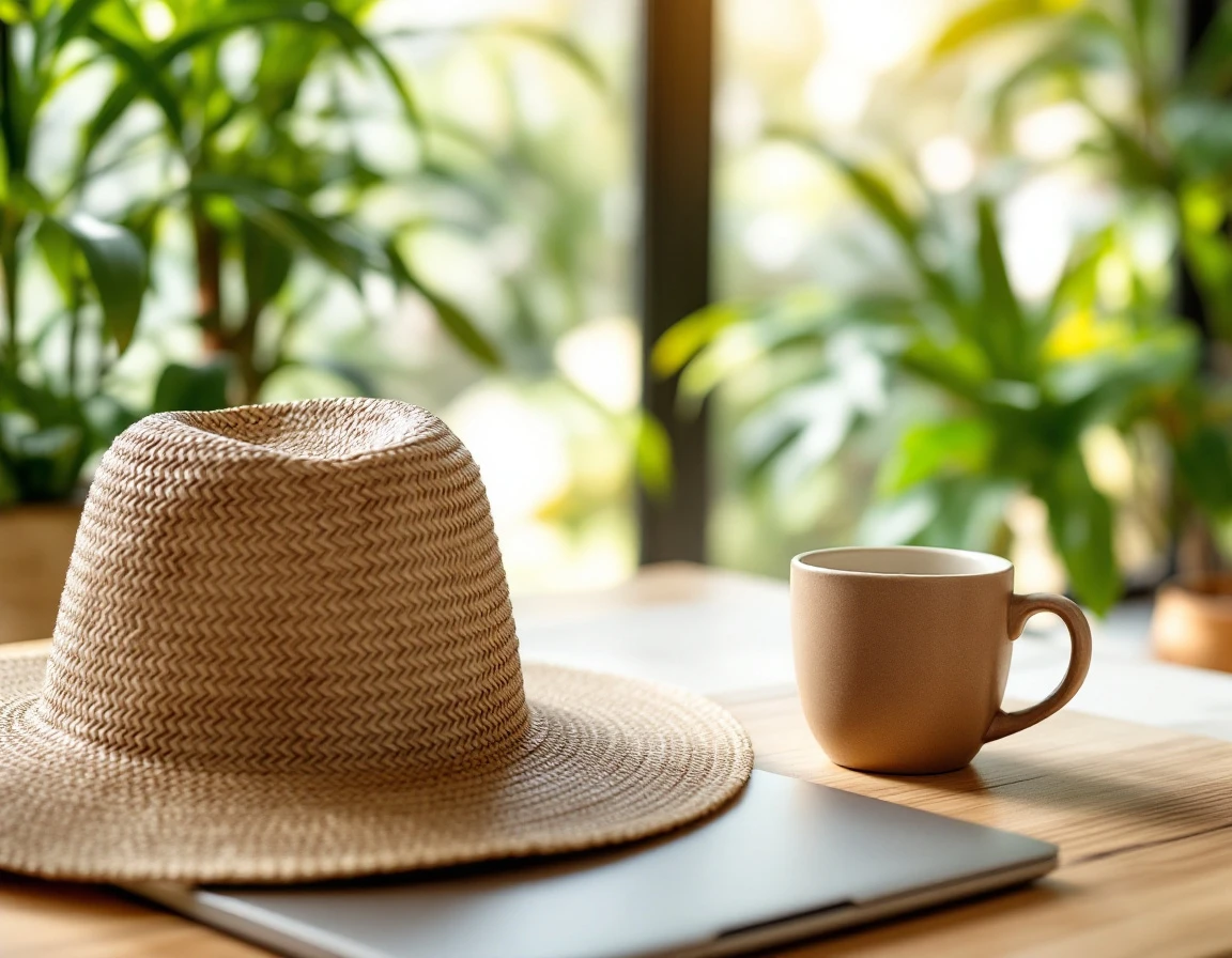 Modern workspace with laptop, woven straw hat, and coffee mug ready for summer vacation planning