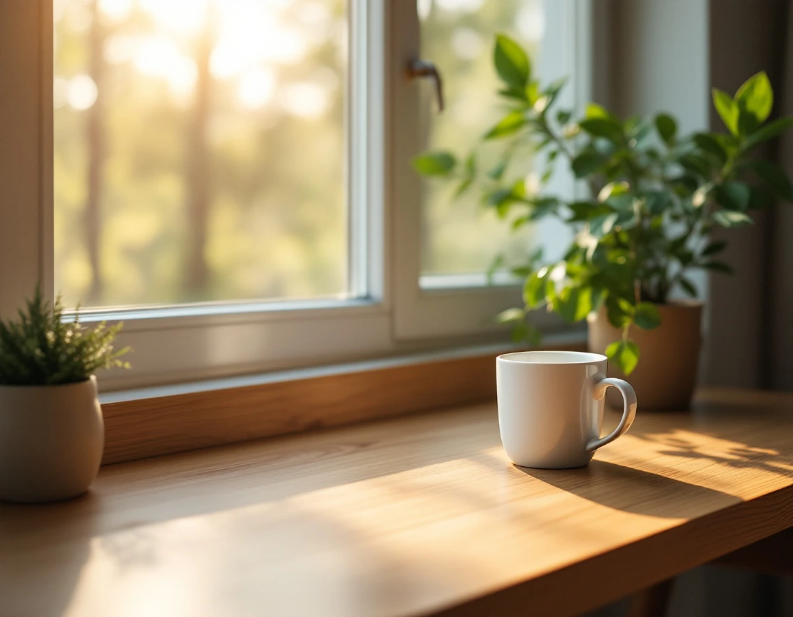 Minimalist home office desk with coffee cup and window view during morning light