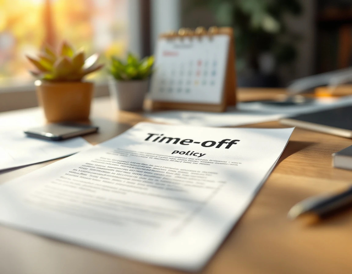 Time-off policy document on office desk with blurred text and natural window lighting