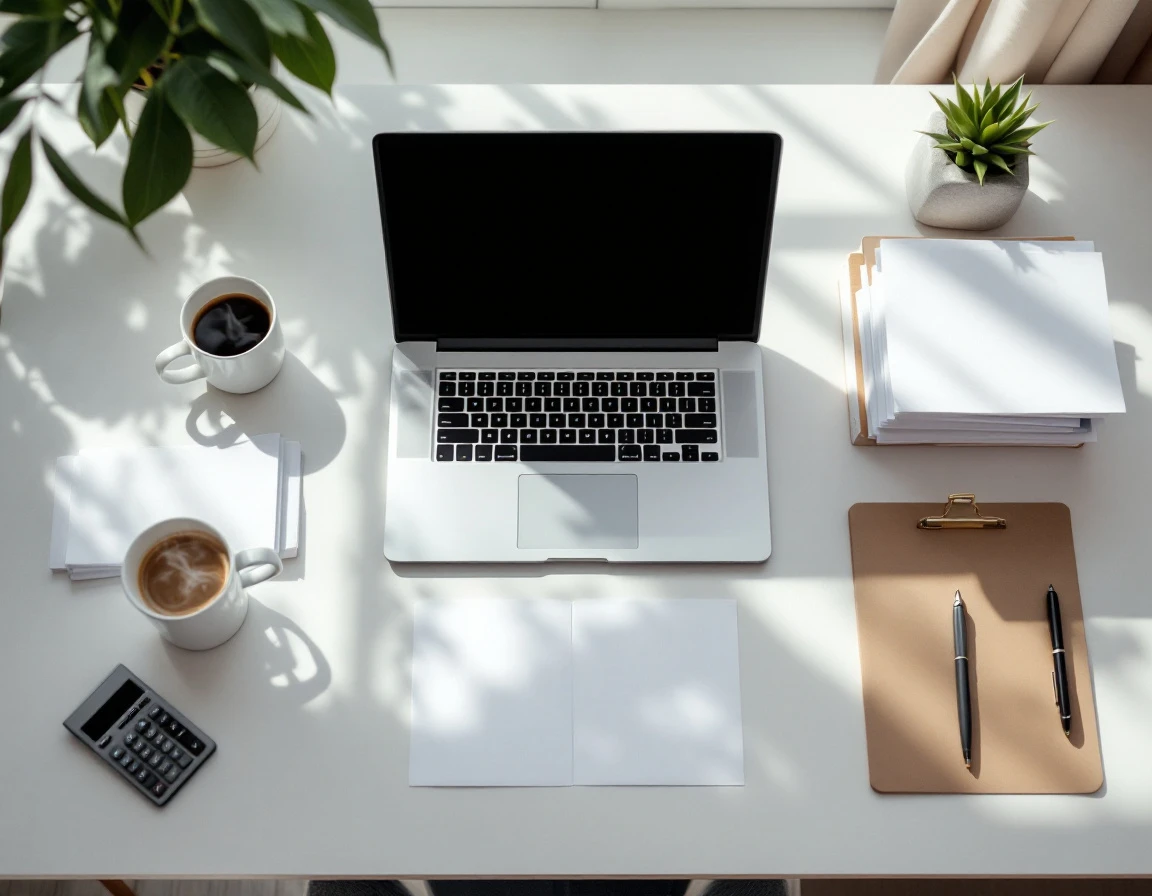 Organized office desk with closed laptop, calculator, papers, pen, and coffee mug in natural light
