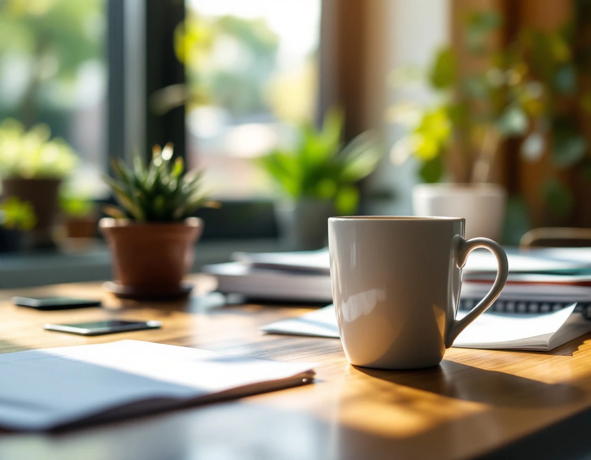 Organized office desk with coffee mug and planning materials in soft natural light
