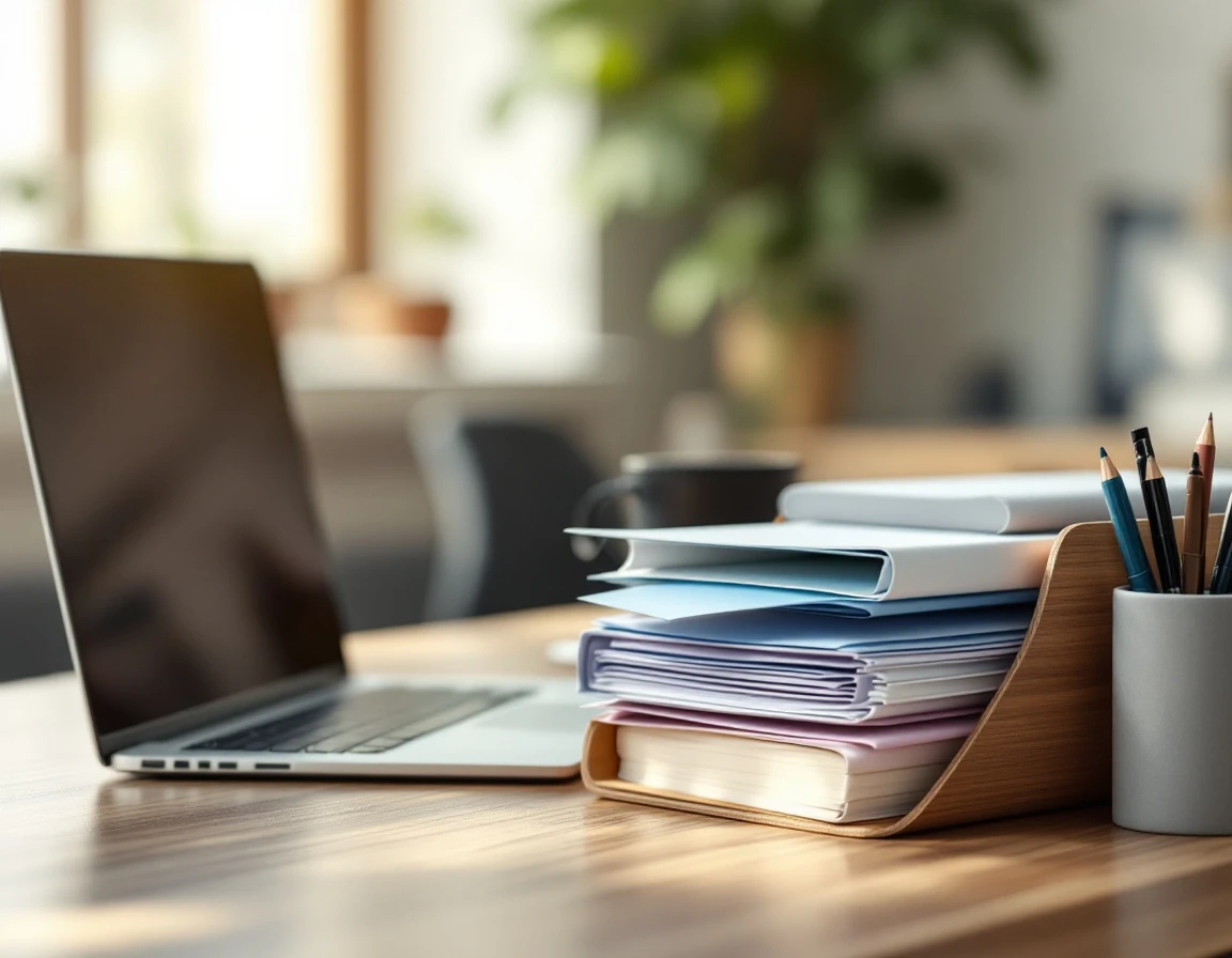 Organized office workspace with filing folders and laptop showing streamlined administrative environment