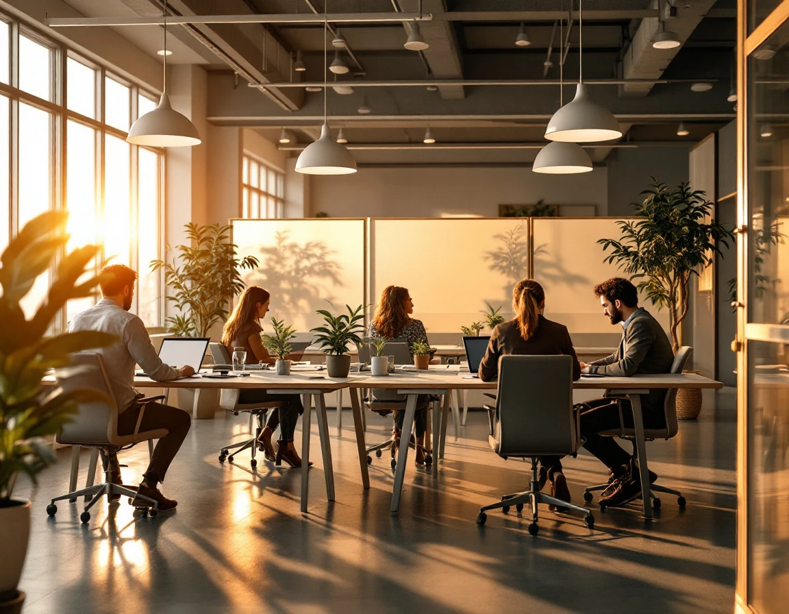 Modern office workspace with employees at desks during golden hour lighting with plants and minimalist furniture
