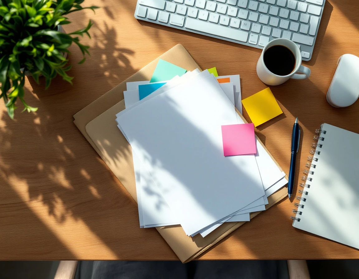 Clean wooden desk with blank folder, coffee cup, keyboard and office supplies in professional workspace