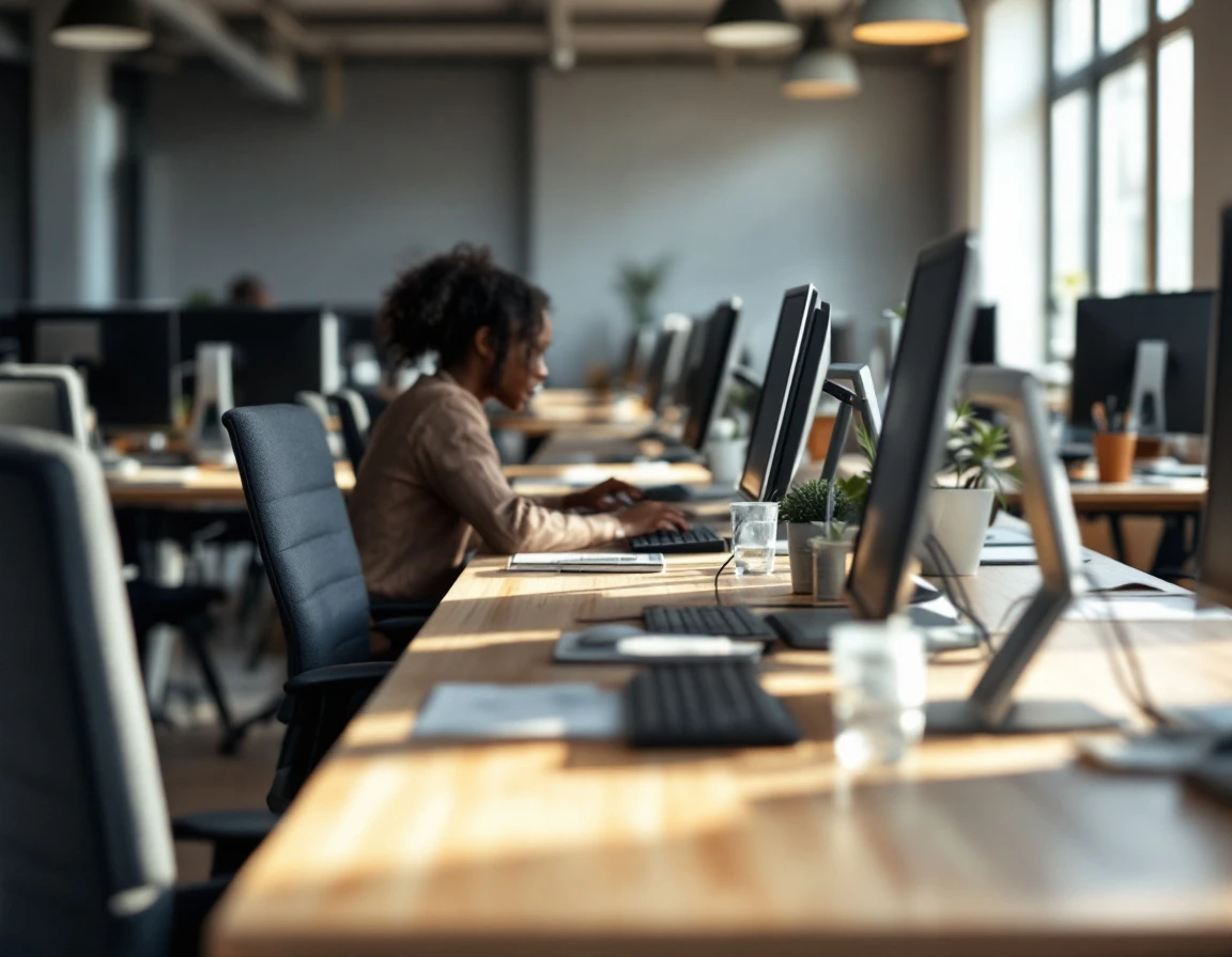 Modern office workstations with visible gaps between desk setups showing workflow disconnection