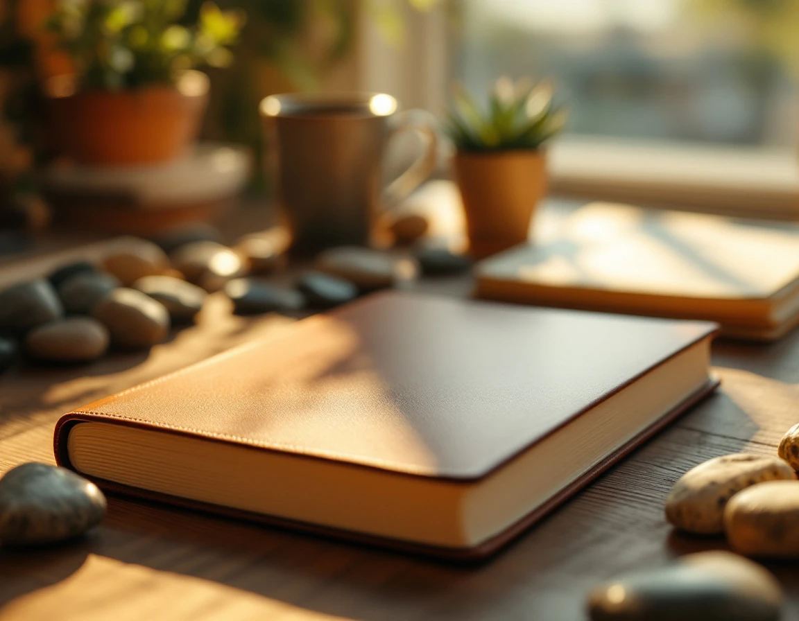 Blank leather journal on wooden desk with natural stones and warm morning light