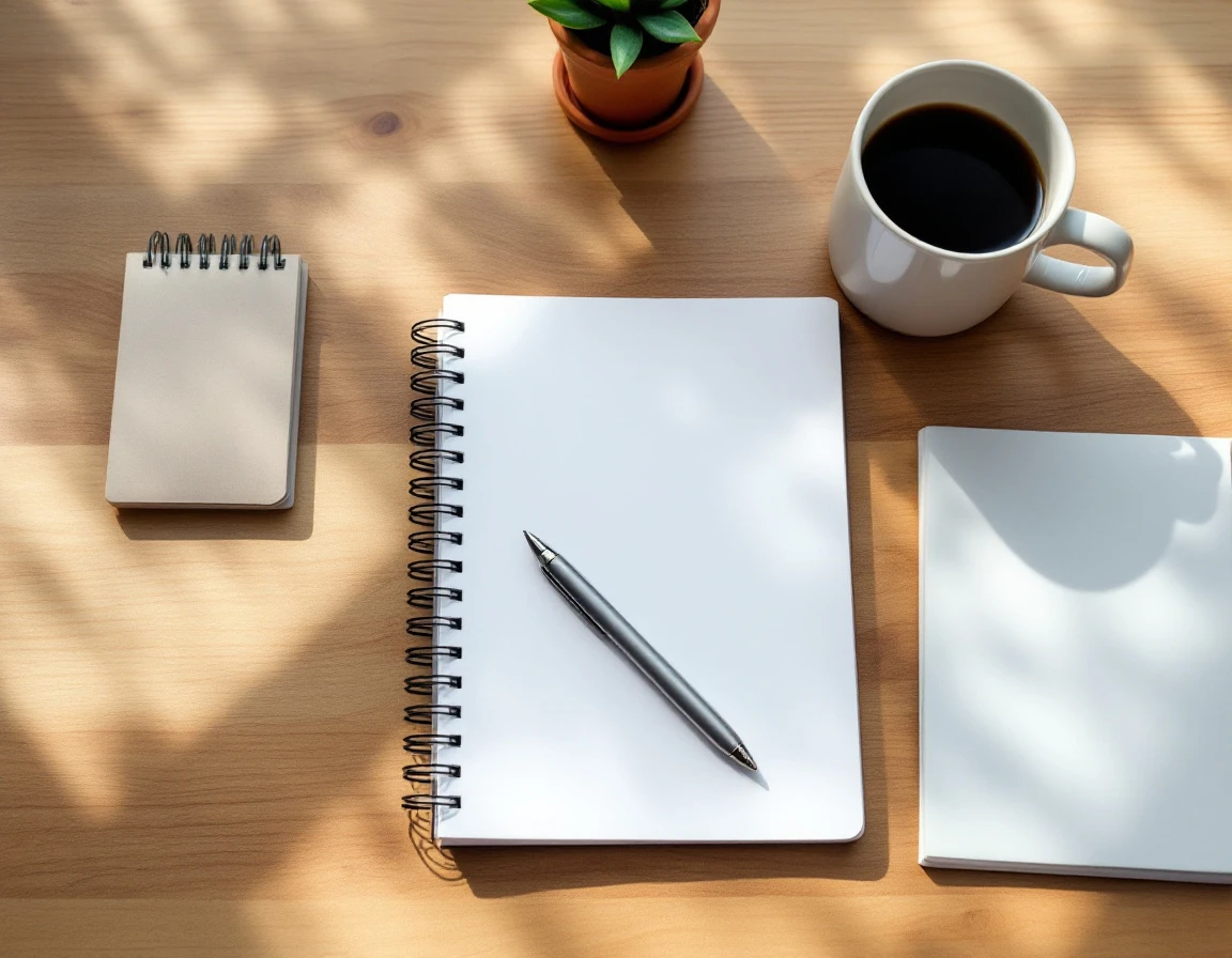Organized office desk with blank notebook, coffee mug, and pen arranged for vacation planning discussion