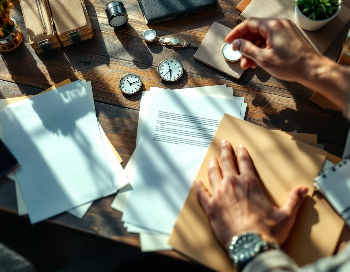 Desk workspace with multiple clocks and blank papers showing time management pressure in compliance work