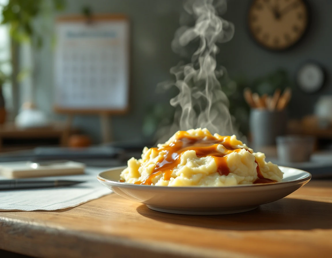 Plate of mashed potatoes and gravy on office desk with clock visible in background during lunch break
