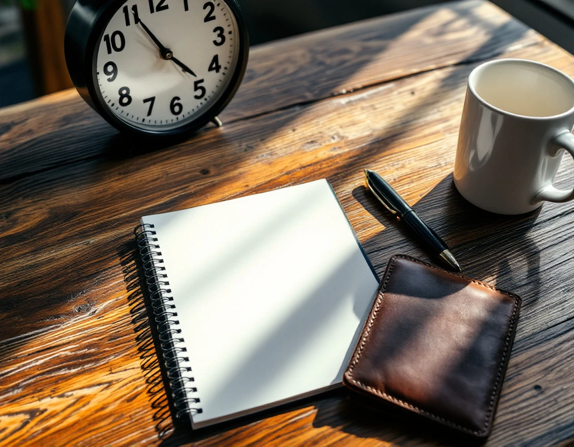 Wooden desk with analog clock, notepad, pen, leather wallet, and coffee mug in natural window light