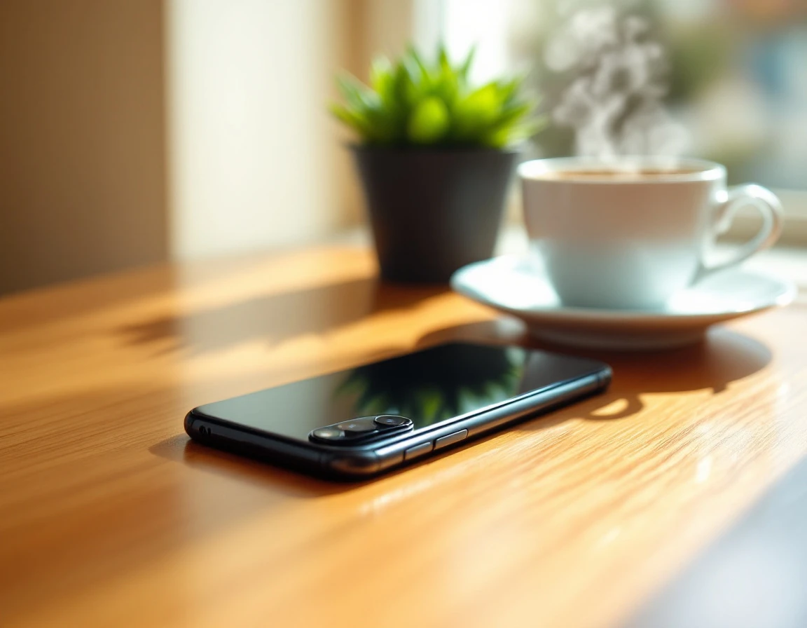 Smartphone resting face-down on wooden desk with coffee cup and succulent plant in natural light