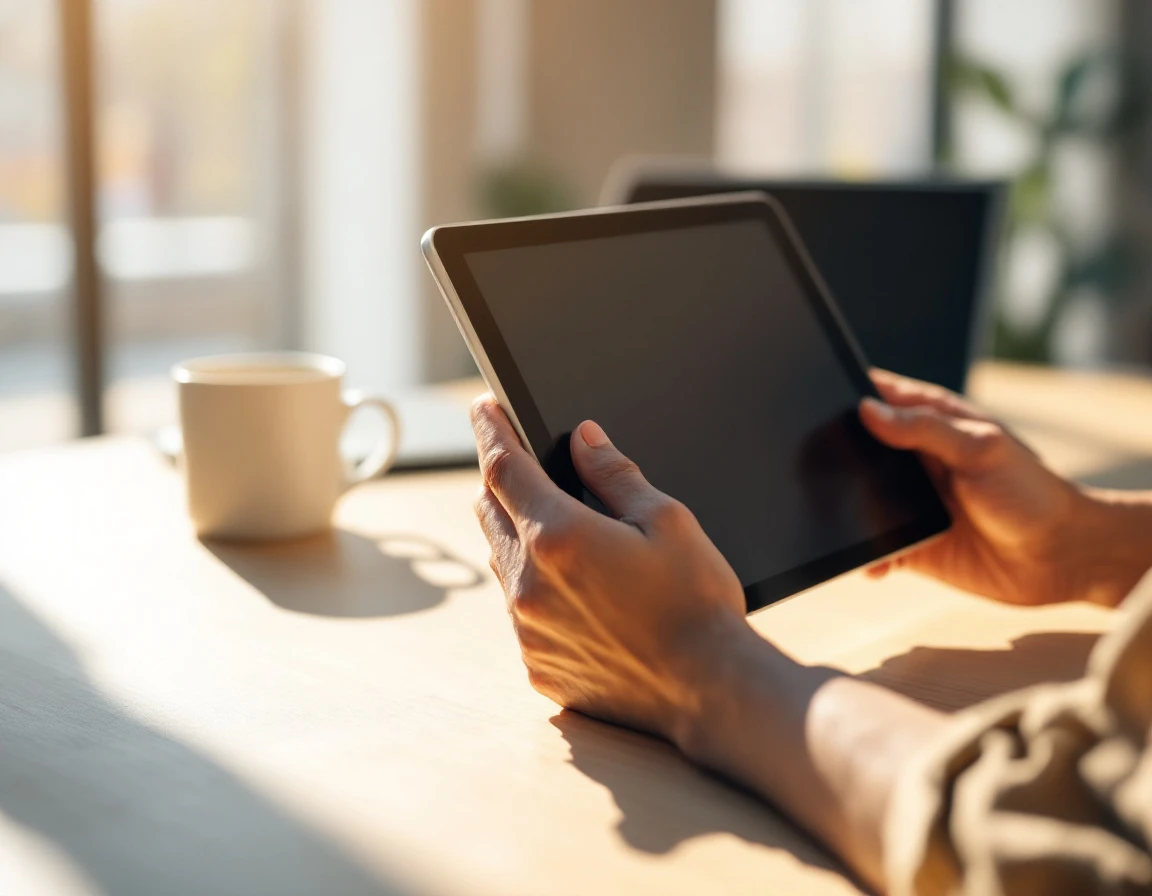 Hands holding tablet device during employee training session in modern office setting with coffee and laptop