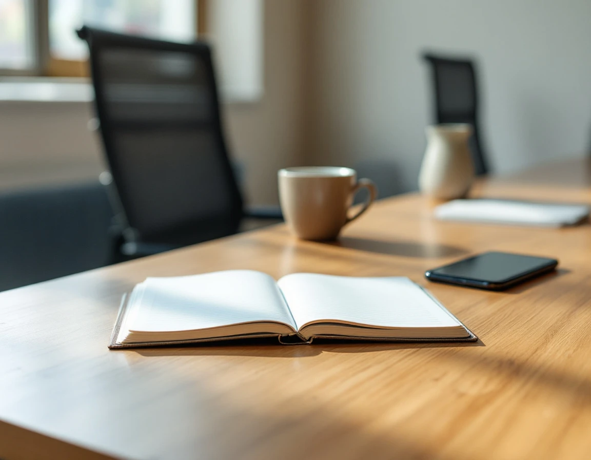 Meeting table with feedback journal and coffee mug in natural office lighting