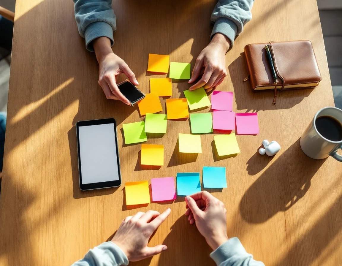 Overhead view of hands organizing sticky notes and digital devices on office desk for team communication planning