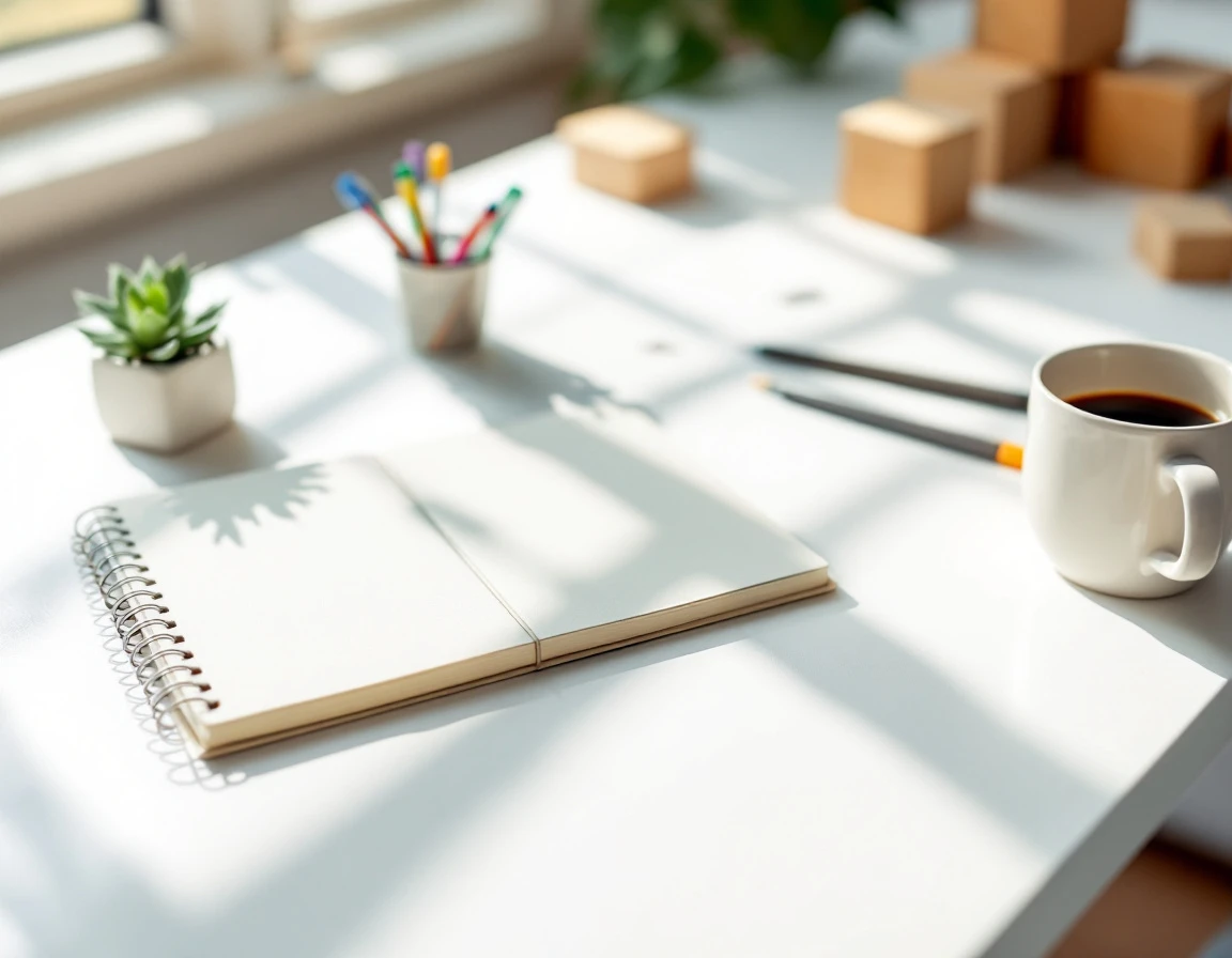 Clean white desk with closed notebook, coffee mug, and office supplies in warm natural lighting