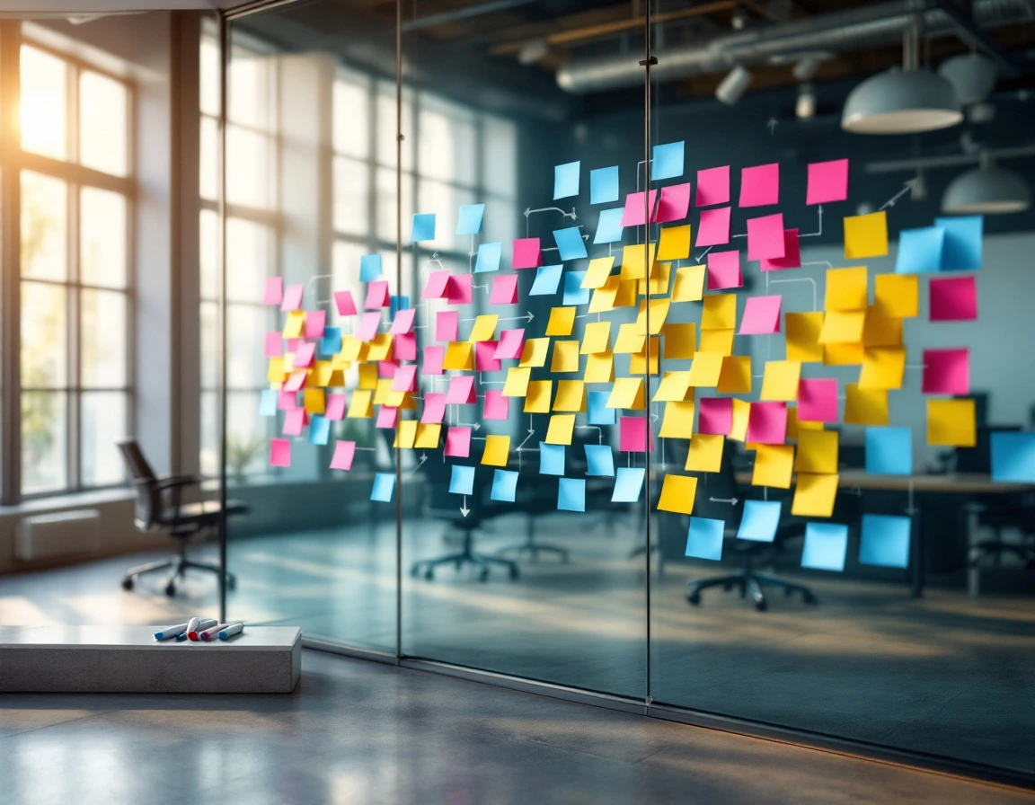 Glass wall covered with colorful sticky notes arranged in a process flow diagram in modern office