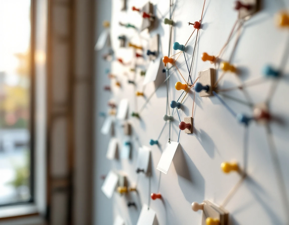 Physical string and pushpin workflow diagram showing interconnected pathways and decision points on office wall