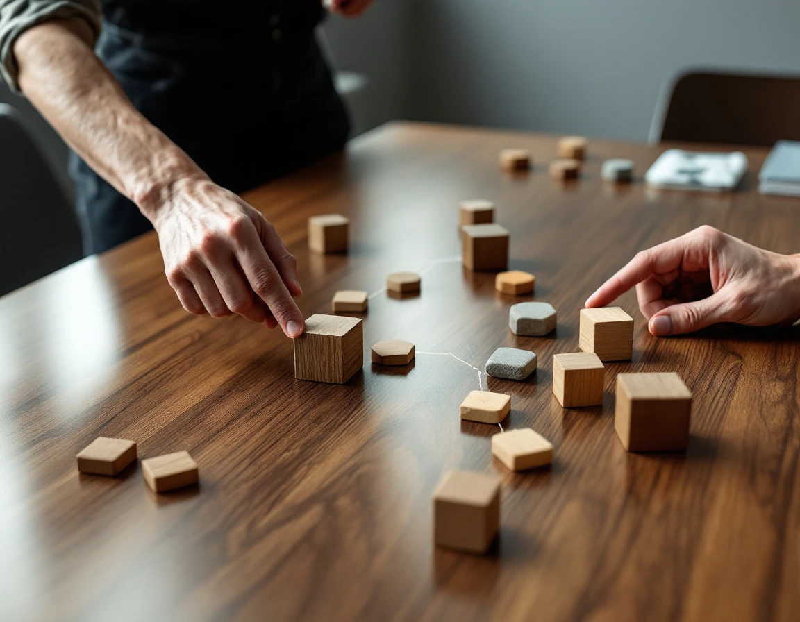 Hands arranging wooden blocks in workflow patterns showing process complexity and automation decision points