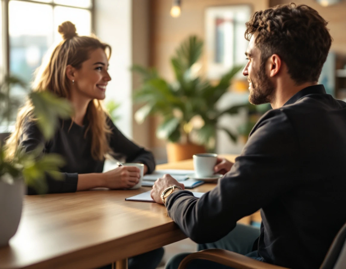 Two employees having an informal one-on-one conversation at a table with coffee mugs in a modern office breakroom