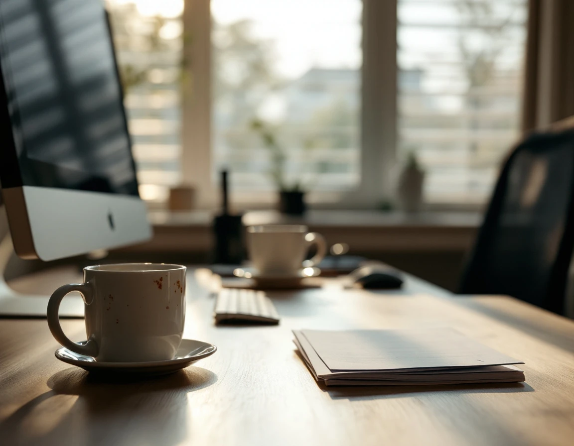 Empty office desk with abandoned coffee mug and chair pushed away showing signs of employee departure