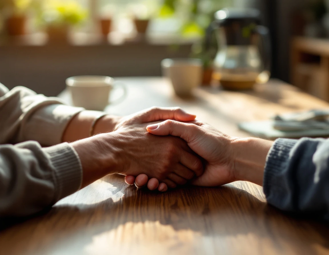 Two hands clasped across a table in a supportive workplace gesture during a one-on-one meeting