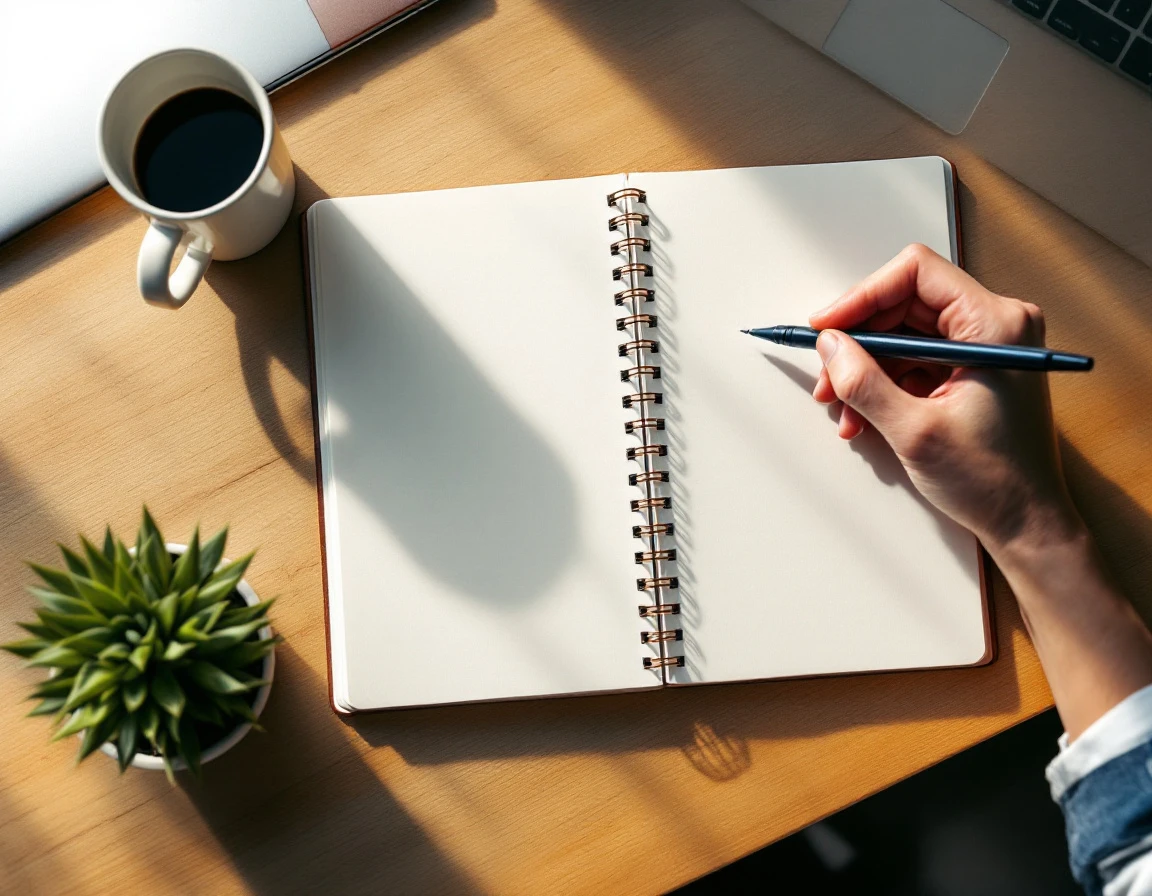 Overhead view of hand with pen over blank notebook on desk with coffee and laptop