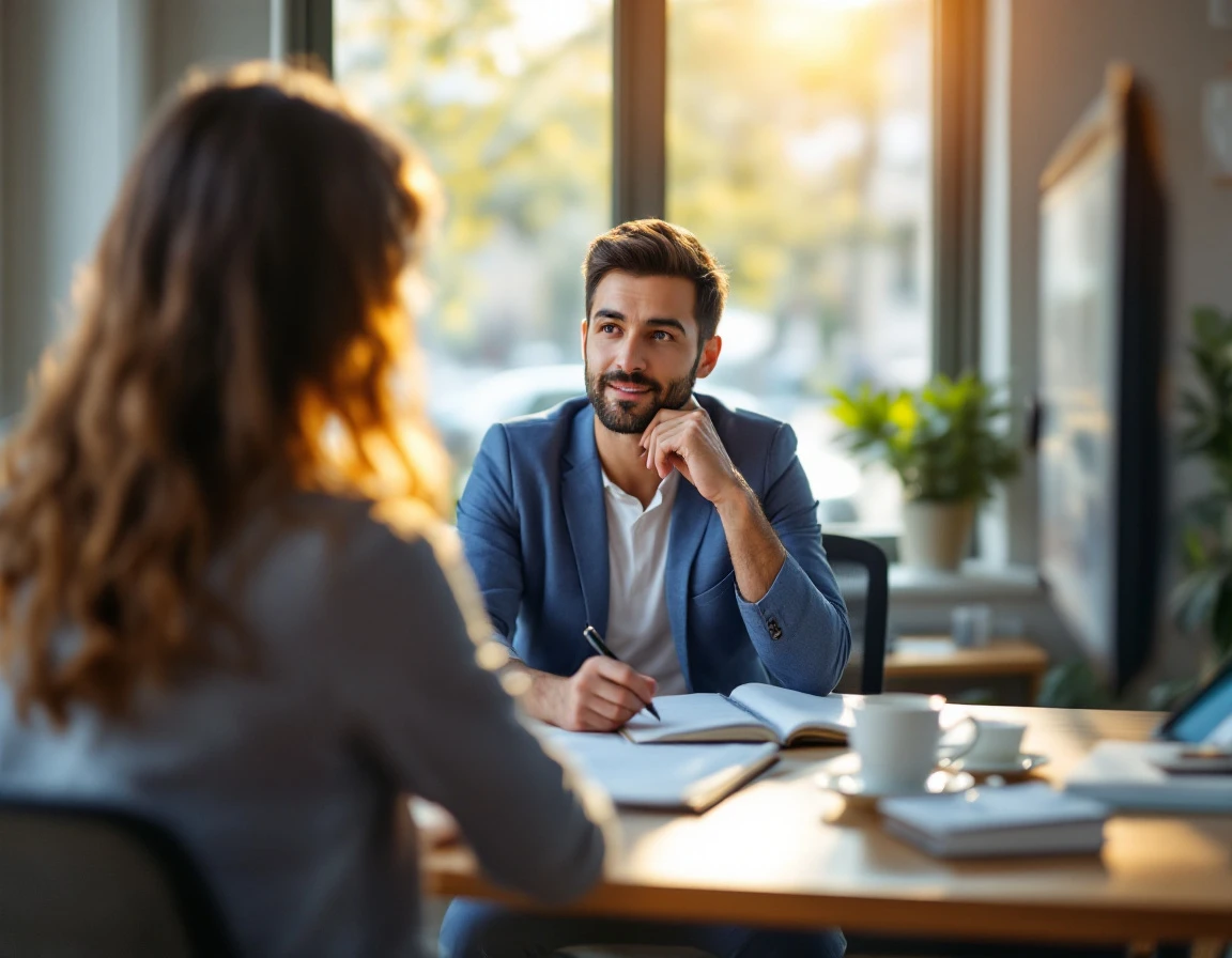 Two professionals in focused one-on-one conversation at standing desk with natural window lighting
