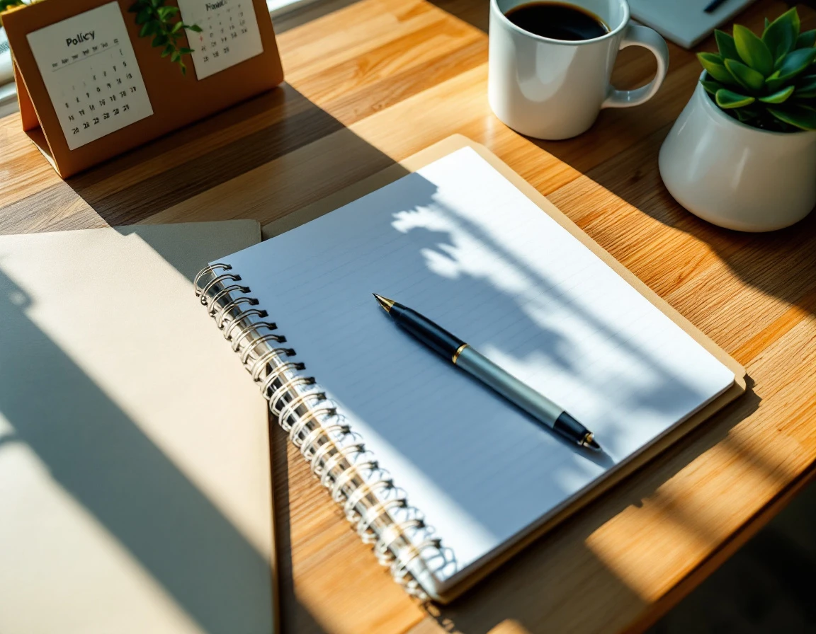 Office desk with open notebook and pen beside compliance documentation folder