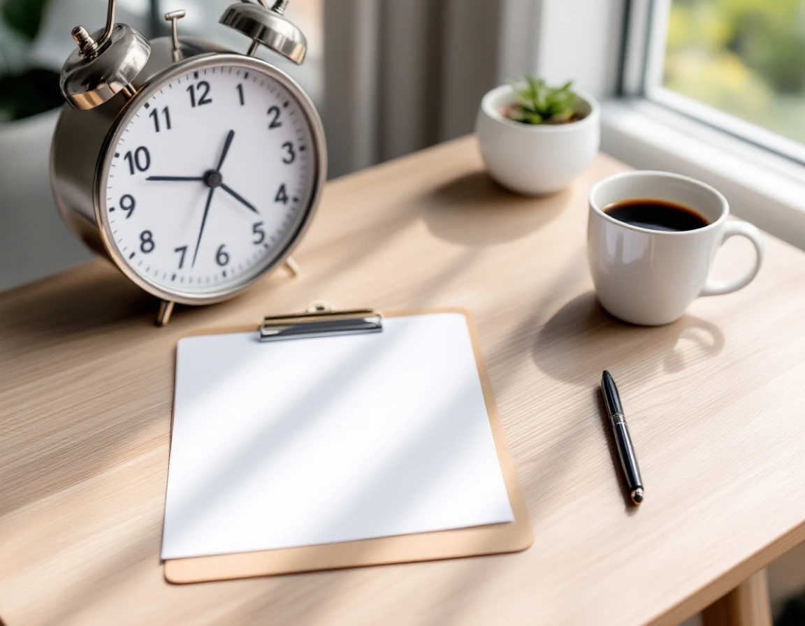Desk workspace with blurred clock and scheduling materials suggesting careful time management for student workers