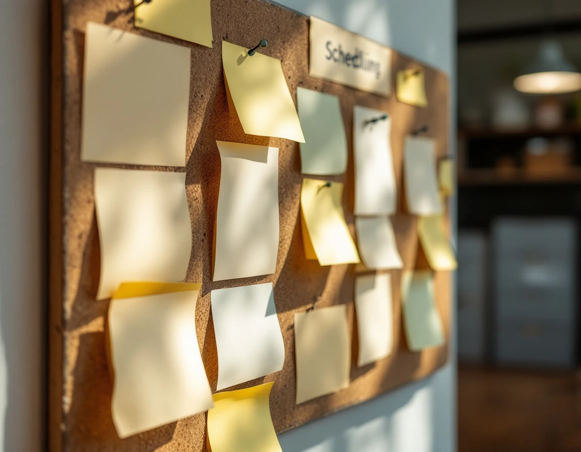 Cork scheduling board with blank paper cards and pushpins organized in columns for tracking worker shifts