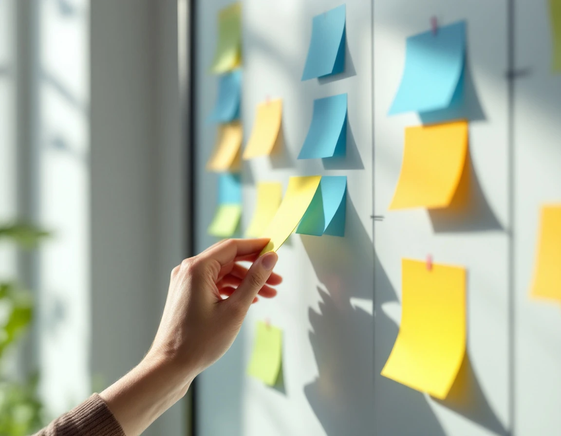 Hands organizing color-coded task cards on a whiteboard in vertical priority columns