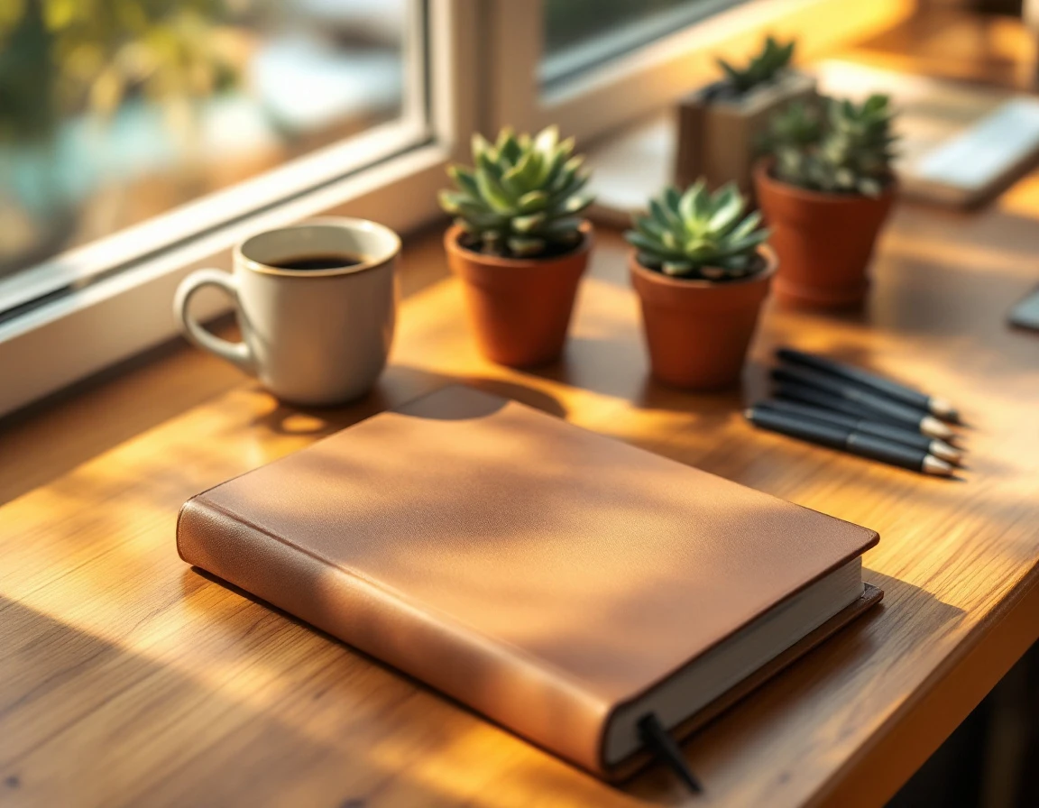 Organized wooden desk workspace with closed planner, coffee cup, and succulent plants in warm natural light