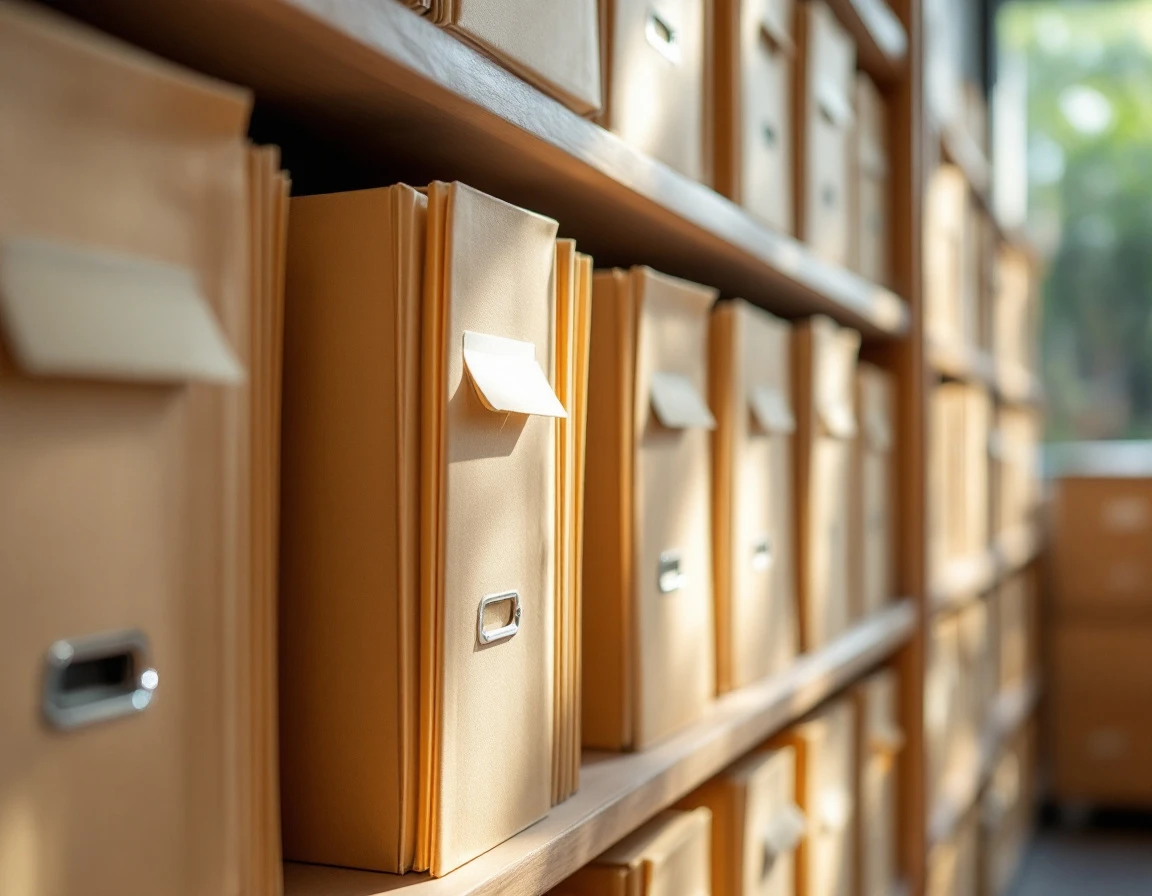 Organized manila folders and file boxes containing workforce compliance documentation in office storage