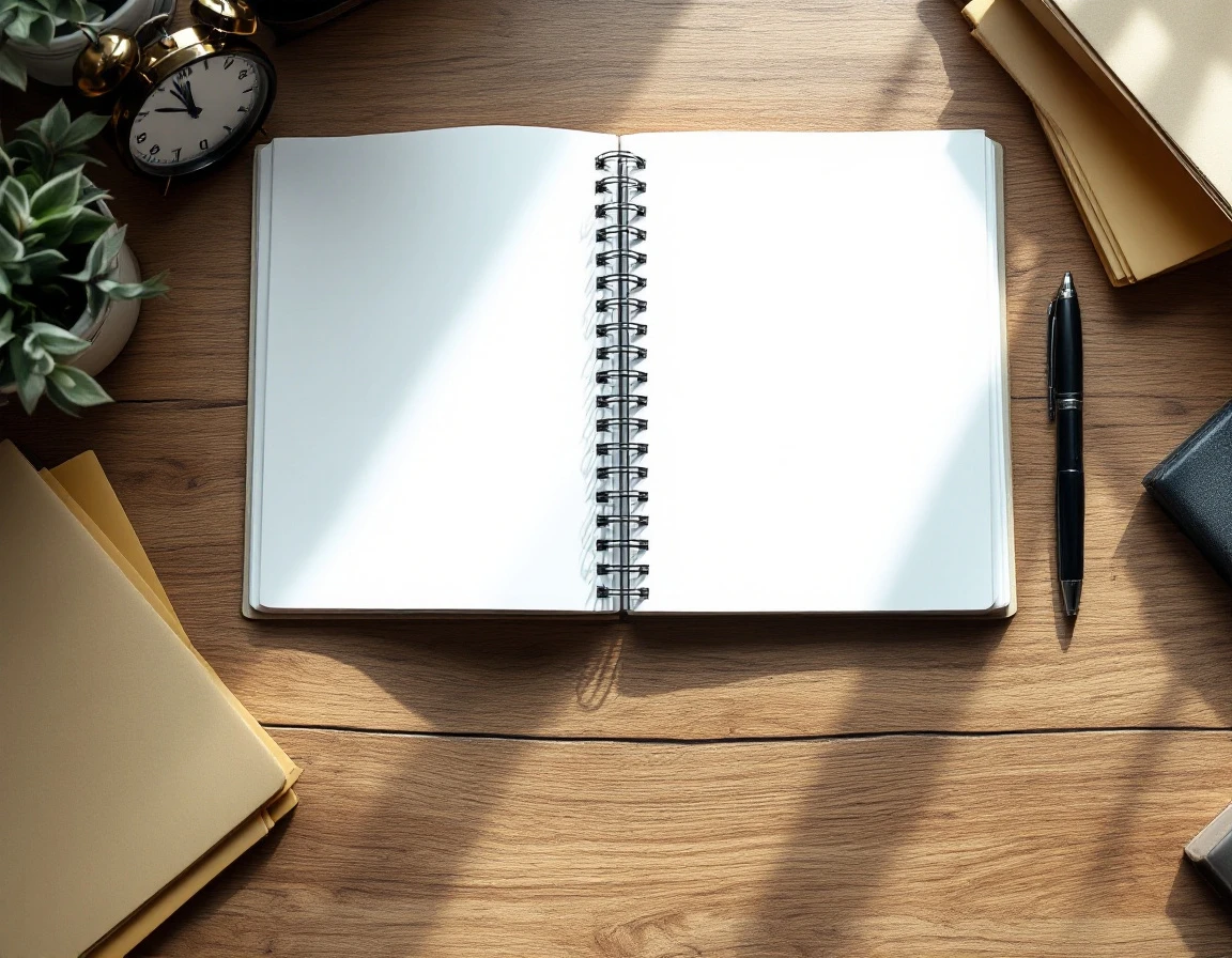 Blank notebook with clock, pen, and folders on wooden desk for compliance documentation