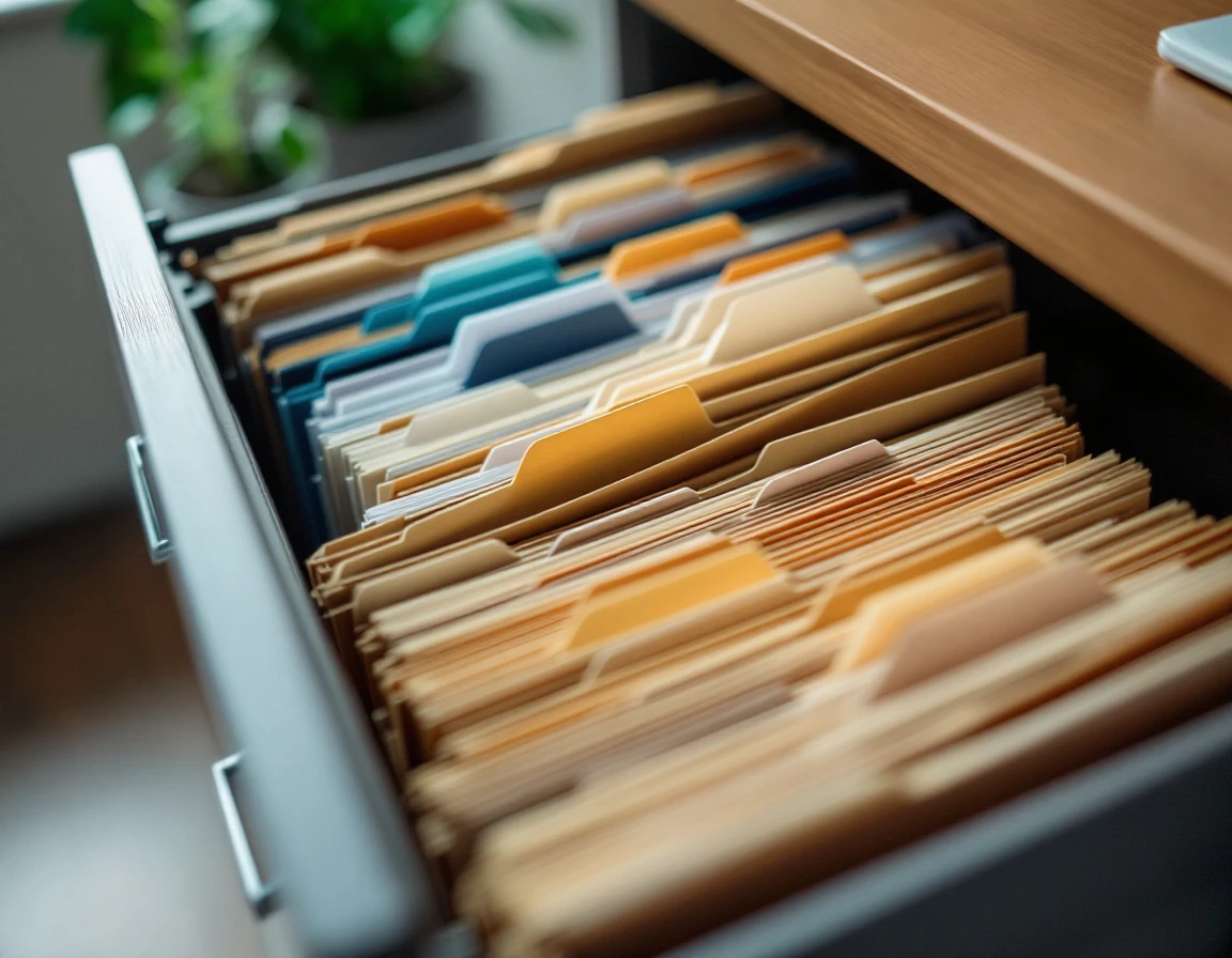Open filing cabinet with organized employee compliance folders and workplace documentation