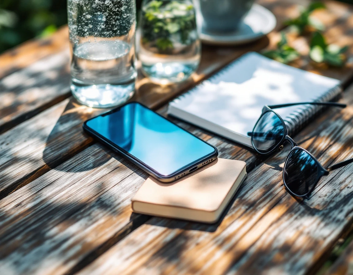 Smartphone and outdoor workspace items arranged on wooden table with natural summer lighting